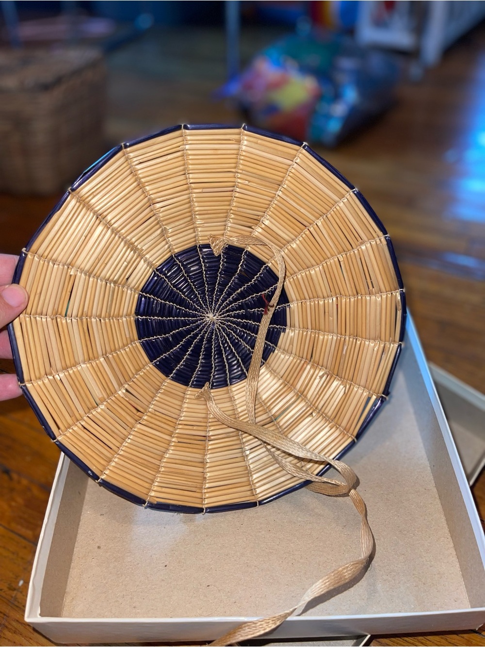 Vintage Asian Woven Straw Hat Headpiece with Colorful Trim - Picture 3 of 4